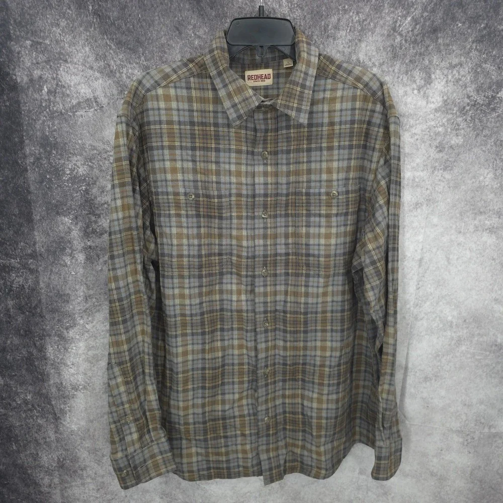Red Head Flannel Shirt Mens Large Plaid Button Up Long Sleeve Heavyweight Cotton